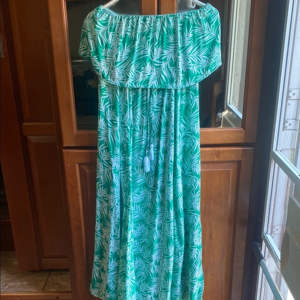 Leafy Green & White Off-Shoulder Medium Maxi Dress Summer Fairycore Fall